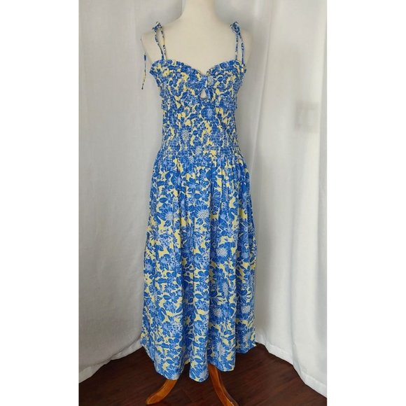 J.Crew Collection Dress Tie Shoulder Smocked Floral Cotton Poplin Blue Yellow Su - Picture 3 of 13